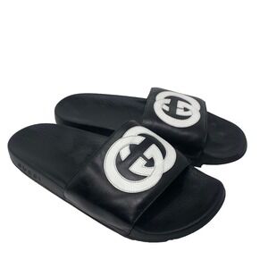 Gucci Double G Logo Slides Sandals Womens 41 US 11 Black Leather Comfort